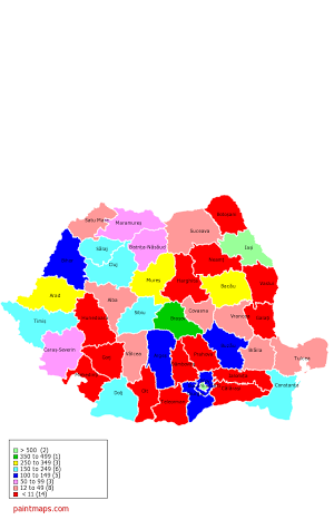 Harta privind numărul paturilor în unitățile private din România