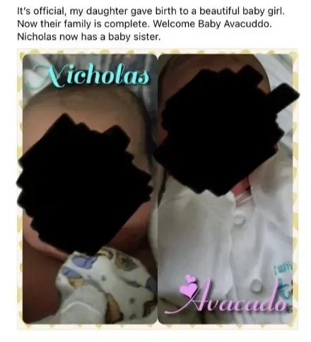 "E oficial, fiica mea a dat naștere unei fetițe frumoase. Acum familia e completă. Bine ai venit, Avacuddo. Nicholas are acum o surioară", a scris bunica pe faceboook